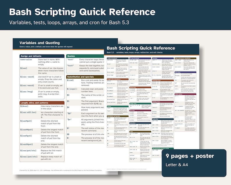 Op de afbeelding: Een Bash Scripting Quick Reference gids bestaande uit twee bedrukte vellen met technische informatie over variabelen, quoting en syntaxis. De documenten bevatten gedetailleerde tabellen en tekst voor Bash 5.3 in een overzichtelijke lay-out.