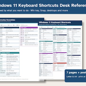 May include: A Windows 11 Keyboard Shortcuts Desk Reference guide featuring two pages of organized commands. The text includes sections like Everyday Essentials, Handy extras, and various task-based shortcuts for Windows 11 systems.
