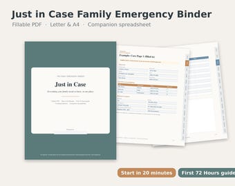 Puede incluir: Un conjunto de documentos digitales Just in Case Family Emergency Binder que presenta una portada de color verde azulado con texto en blanco, junto con páginas internas con campos rellenables para contactos y planes.
