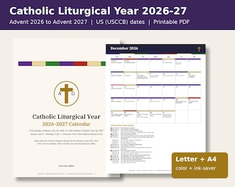 Catholic Liturgical Calendar 2026-2027 Printable, Liturgical Year Planner, Feast Days & Saints, Advent to Advent, US Letter A4 PDF