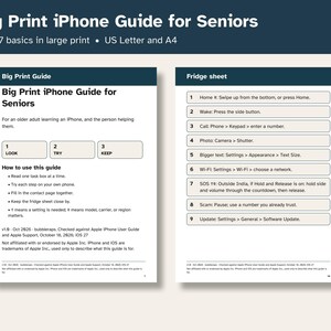 May include: A two-page Big Print iPhone Guide for Seniors document featuring large black text on white paper. The guide includes instructions for iOS 27, a fridge sheet with nine numbered steps, and sections titled Big Print Guide and Fridge sheet.