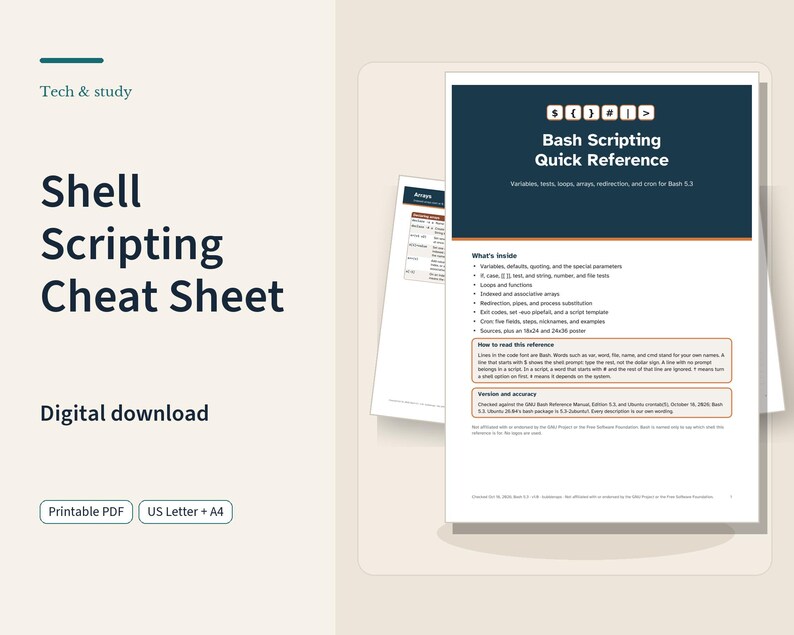 Op de afbeelding: Een digitale Bash Scripting Quick Reference spiekbrief in PDF-formaat. Het document bevat een donkerblauwe koptekst met codesymbolen, de titel Bash Scripting Quick Reference en een lijst met technische onderwerpen zoals variabelen, lussen en arrays.