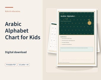 Arabic Alphabet Chart for Kids Printable, 28 Isolated Letters with Trace Practice, US Letter and A4 PDF