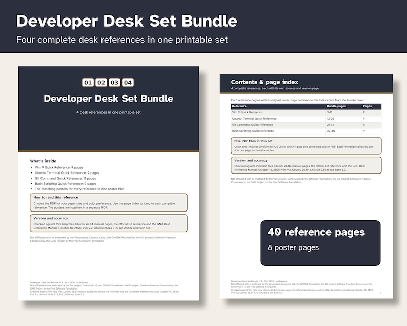 May include: A Developer Desk Set Bundle featuring four printable reference guides. The document includes a cover page with the title, a list of contents, and a page index detailing Vim, Ubuntu, Git, and Bash references across 40 pages.