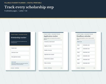 Scholarship Tracker Planner | Fillable Application, Deadline, Essay and Award Worksheets | Letter + A4