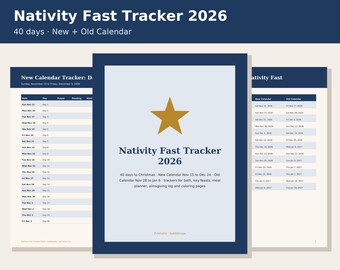 Puede incluir: Un documento Nativity Fast Tracker 2026 con un gráfico de estrella dorada. El texto dice Nativity Fast Tracker 2026, 40 days to Christmas, New Calendar Nov 15 to Dec 24, Old Calendar Nov 28 to Jan 6, trackers for both, key feasts, meal planner.