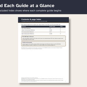 May include: A white document page titled Find Each Guide at a Glance with a dark header. It features a Contents & page index table listing Vim 9, Ubuntu Terminal, Git Command, and Bash Scripting quick references with page numbers.