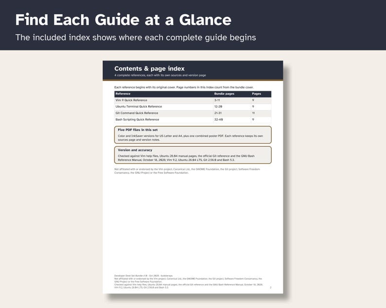 May include: A white document page titled Find Each Guide at a Glance with a dark header. It features a Contents & page index table listing Vim 9, Ubuntu Terminal, Git Command, and Bash Scripting quick references with page numbers.