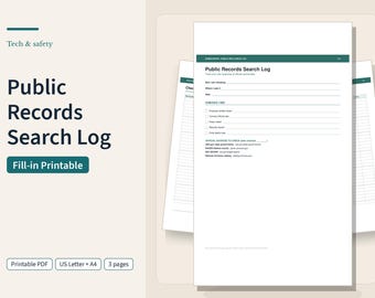 Public Records Search Log, Fill-In Tracker with Official US Record Site Links, Printable PDF