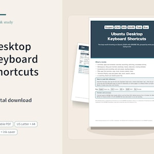 Op de afbeelding: Een digitaal referentieblad getiteld Ubuntu Desktop Keyboard Shortcuts, met een donkerblauwe koptekst met toetsiconen, een lijst met GNOME 38-functies en leesinstructies, gepresenteerd in een strakke, witte lay-out.