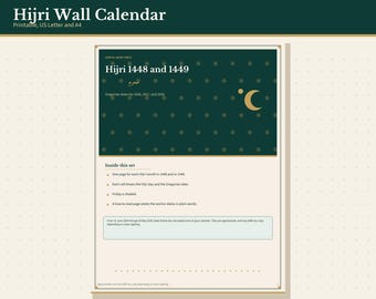 Hijri 1448 and 1449 Wall Calendar Printable, Gregorian 2026 to 2028 Dates, Letter and A4