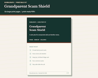 Grandparent Scam Shield | Large-Print Family Safe Word Cards, Voice Clone Checklist and Call-Back Kit | Letter + A4