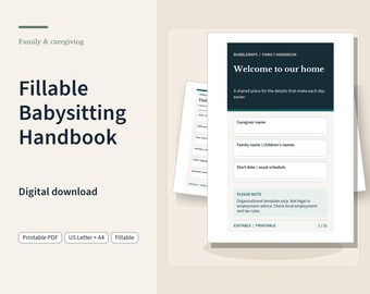 Fillable Babysitting Handbook | Family Care Notes for Nannies, Sitters and Grandparents