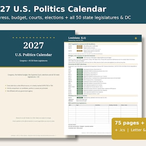 Op de afbeelding: Een 2027 Amerikaanse politieke kalender met een donkergroenblauwe omslag met witte tekst en een gedetailleerde binnenpagina voor Louisiana. Het document bevat informatie over het Congres, staatsparlementen en verkiezingen, in totaal 75 pagina's met .xlsx en .ics.