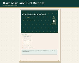 Ramadan and Eid Printable Bundle, Planner, Kids Chart, Cards, Fasting Log and Coloring