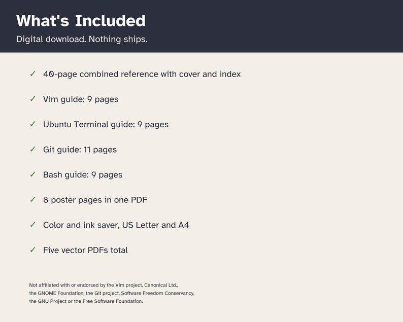 May include: A digital download information sheet titled What's Included. It lists a 40-page combined reference, a 9-page Vim guide, a 9-page Ubuntu Terminal guide, an 11-page Git guide, a 9-page Bash guide, 8 poster pages, and five vector PDFs.