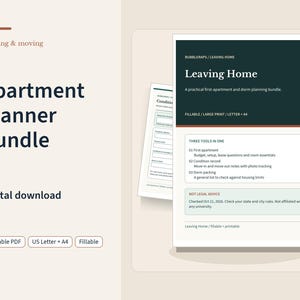 Op de afbeelding: Een appartementplanner-bundel als digitale download met een document getiteld Leaving Home, inclusief secties voor eerste appartementplanning, conditierapporten en inpaklijsten. Tekst bevat details over A4, US Letter-formaat en invulbaarheid.
