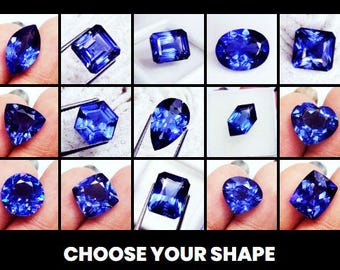 May include: A collage of blue gemstones in various shapes, including oval, square, and heart-shaped. The text "CHOOSE YOUR SHAPE" is at the bottom. Each gem is held by tweezers or displayed on a white surface.