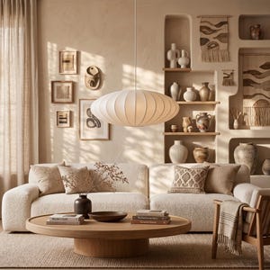 Hanglamp in zijden coconstijl, Japandi plafondlamp, Wabi Sabi hanglamp, kroonluchter in mid-century modern stijl, Scandinavische LED-armatuur van stof