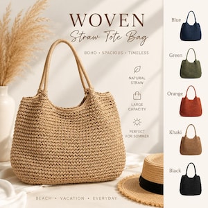 Peut inclure: Un sac cabas en paille tressée beige avec deux anses. L'image contient le texte WOVEN Straw Tote Bag, BOHO, SPACIOUS, TIMELESS, NATURAL STRAW, LARGE CAPACITY, PERFECT FOR SUMMER, BEACH, VACATION, EVERYDAY, ainsi que des options de couleurs.