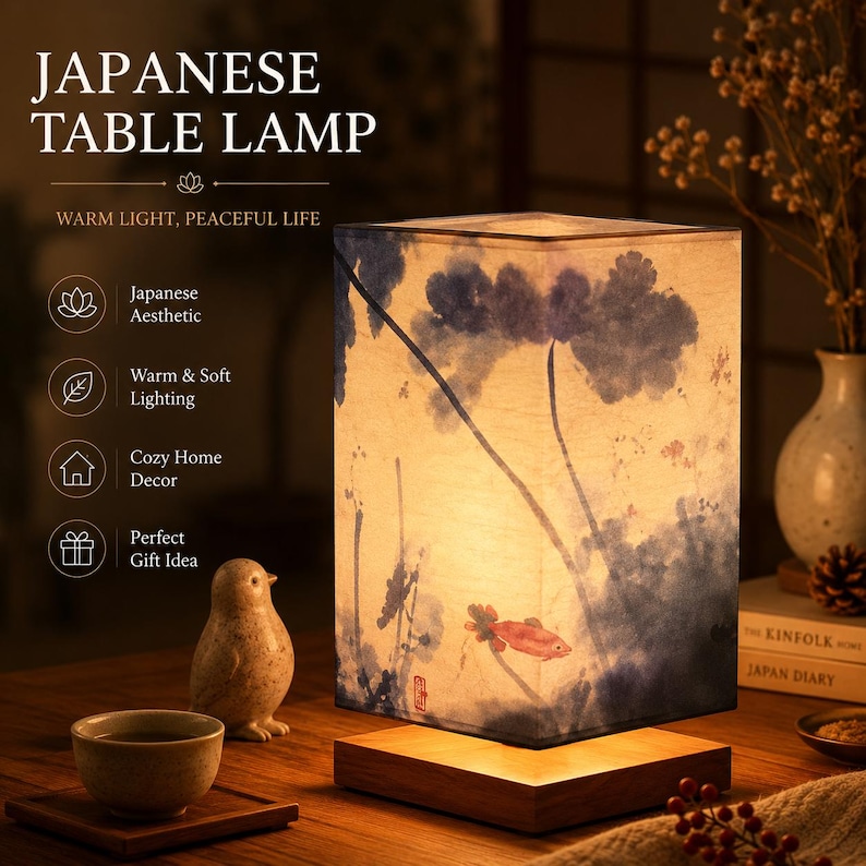 May include: A rectangular table lamp with a wooden base and a fabric shade featuring a blue ink-wash style painting of lotus leaves and a single orange fish. The lamp emits a warm glow and includes text reading JAPANESE TABLE LAMP.