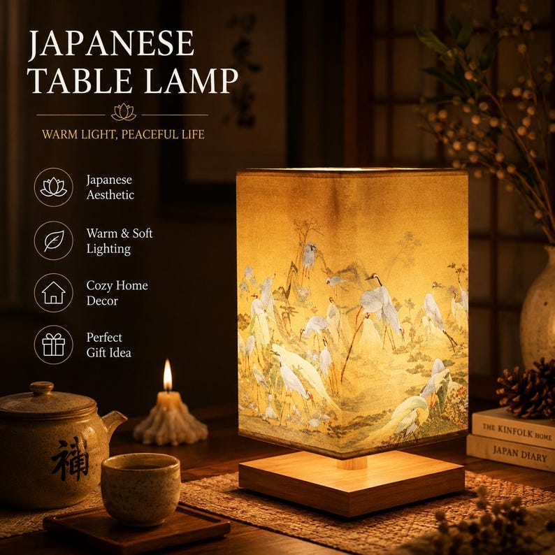 May include: A square table lamp with a wooden base and a fabric shade featuring a printed illustration of white cranes in a landscape. The lamp emits a warm, soft glow. Text on the image includes JAPANESE TABLE LAMP, WARM LIGHT, PEACEFUL LIFE.