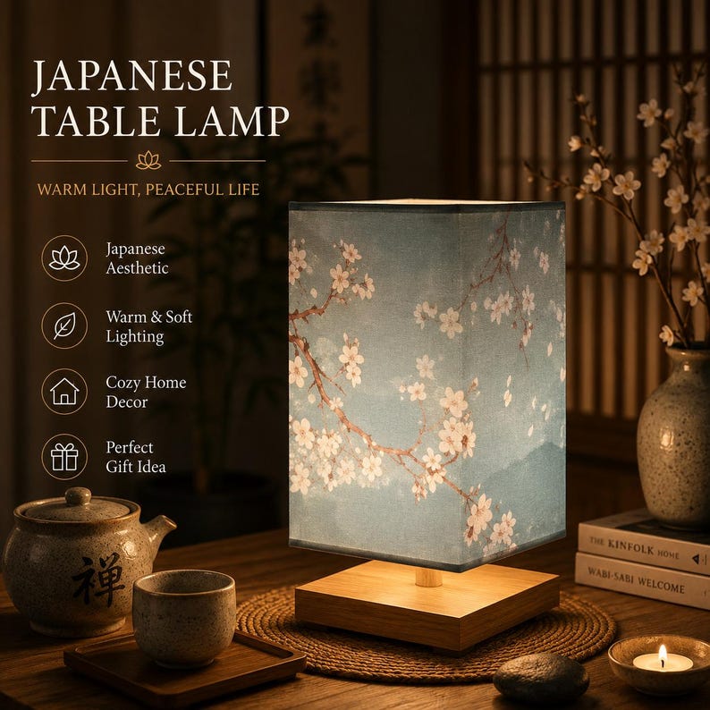 May include: A square table lamp with a light wood base and a fabric shade featuring a blue background with white cherry blossom branches. The lamp emits a warm glow and includes text on the left side reading JAPANESE TABLE LAMP.