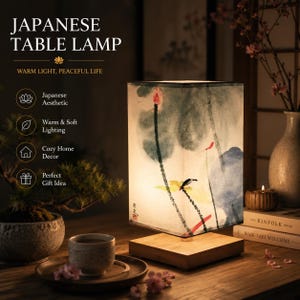 Japanese Table Lamp, Rice Paper Lantern Lamp, Asian Bedside Light, Wooden Zen Decor, Warm Ambient Bedroom Lamp, Minimalist Japanese Decor Style 4