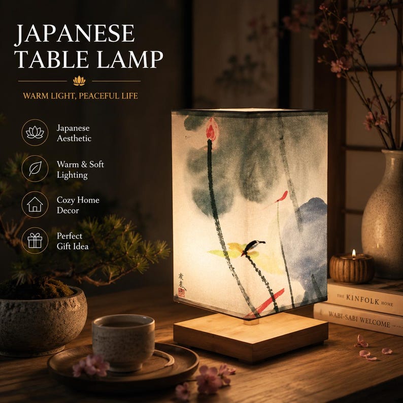 Japanese Table Lamp, Rice Paper Lantern Lamp, Asian Bedside Light, Wooden Zen Decor, Warm Ambient Bedroom Lamp, Minimalist Japanese Decor Style 4