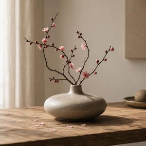 Può includere: Un vaso in ceramica beige maculato, basso e largo, con un collo stretto, contenente diversi rami sottili di colore marrone scuro adornati con piccoli e delicati fiori e boccioli rosa, con alcuni petali caduti sparsi sotto il vaso.