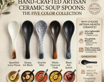 Handmade Ceramic Spoon Set of 3, Rustic Ramen Soup Spoons, Stoneware Dessert Spoon Set, Japanese Style Tableware, Unique Housewarming Gift
