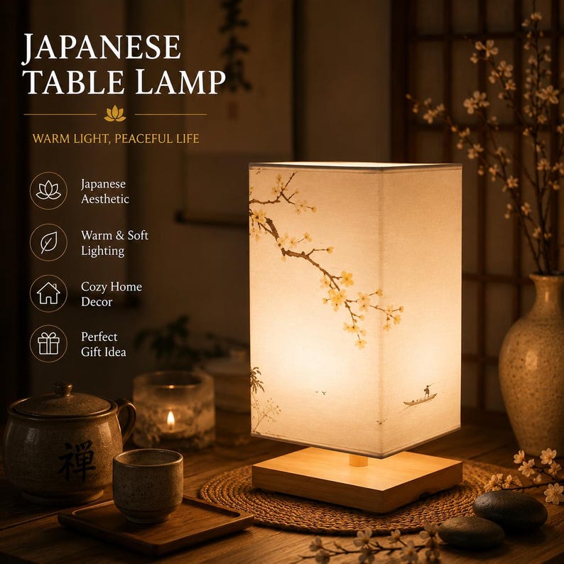 May include: A rectangular table lamp with a light-colored wooden base and a white fabric shade featuring a printed illustration of cherry blossom branches and a small boat on water. The lamp emits a warm glow and displays text including JAPANESE TABLE LAMP.