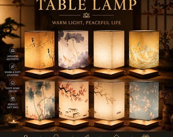 Japanese Table Lamp, Rice Paper Lantern Lamp, Asian Bedside Light, Wooden Zen Decor, Warm Ambient Bedroom Lamp, Minimalist Japanese Decor