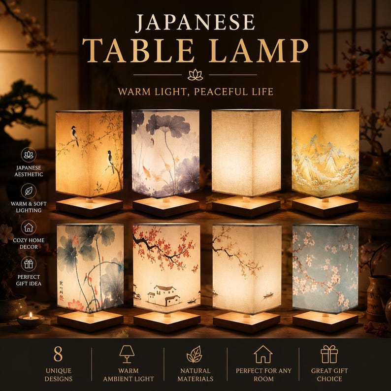 Japanese Table Lamp, Rice Paper Lantern Lamp, Asian Bedside Light, Wooden Zen Decor, Warm Ambient Bedroom Lamp, Minimalist Japanese Decor image 1