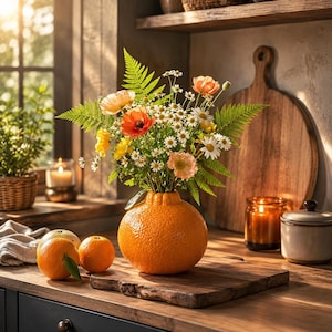 Peut inclure: Un vase en céramique orange texturé en forme d'agrume, rempli d'un bouquet de marguerites blanches, de coquelicots orange et de feuilles de fougère vertes. Deux oranges fraîches sont posées sur la surface en bois à côté du vase dans une cuisine.