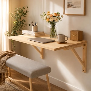 Solid Pine Wood Folding Wall Table, Wall Mounted Desk, Murphy Table, Space Saving Fold Down Desk, Rustic Floating Wall Desk