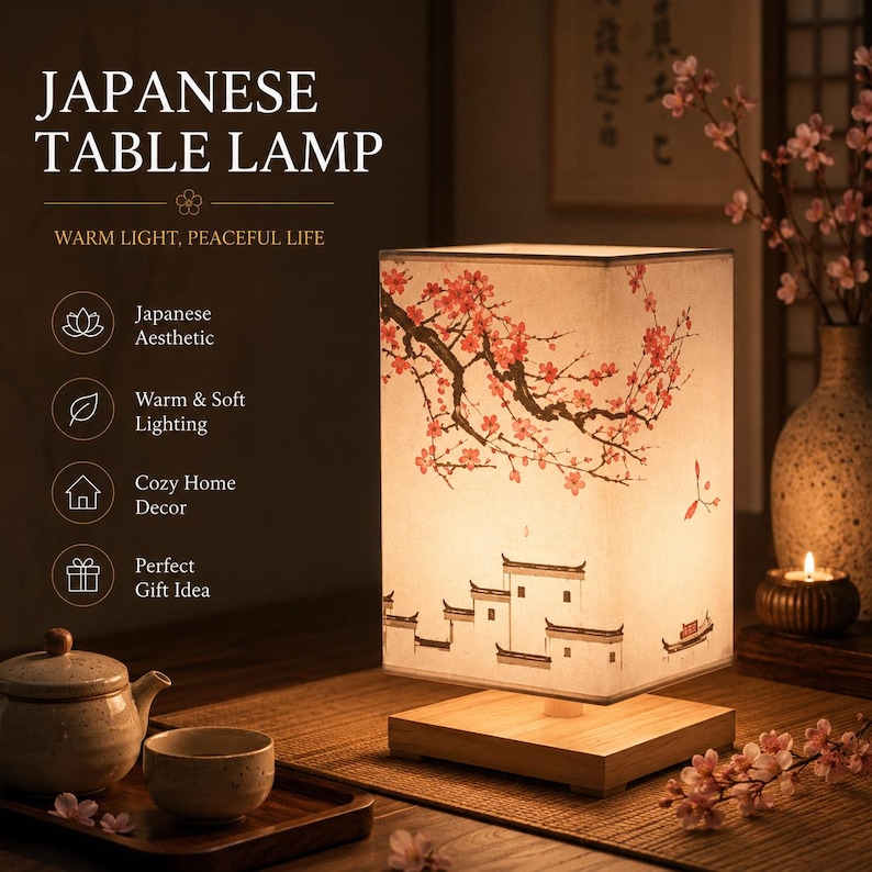 Japanese Table Lamp, Rice Paper Lantern Lamp, Asian Bedside Light, Wooden Zen Decor, Warm Ambient Bedroom Lamp, Minimalist Japanese Decor Style 8