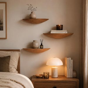 Op de afbeelding: Drie halfronde houten wandplanken die verspringend zijn gemonteerd. De planken hebben een natuurlijke houtnerfafwerking en gebogen onderkanten. Ze bevatten decoratieve items, waaronder een keramische vaas, boeken, een kaars en een geurstokjeshouder.