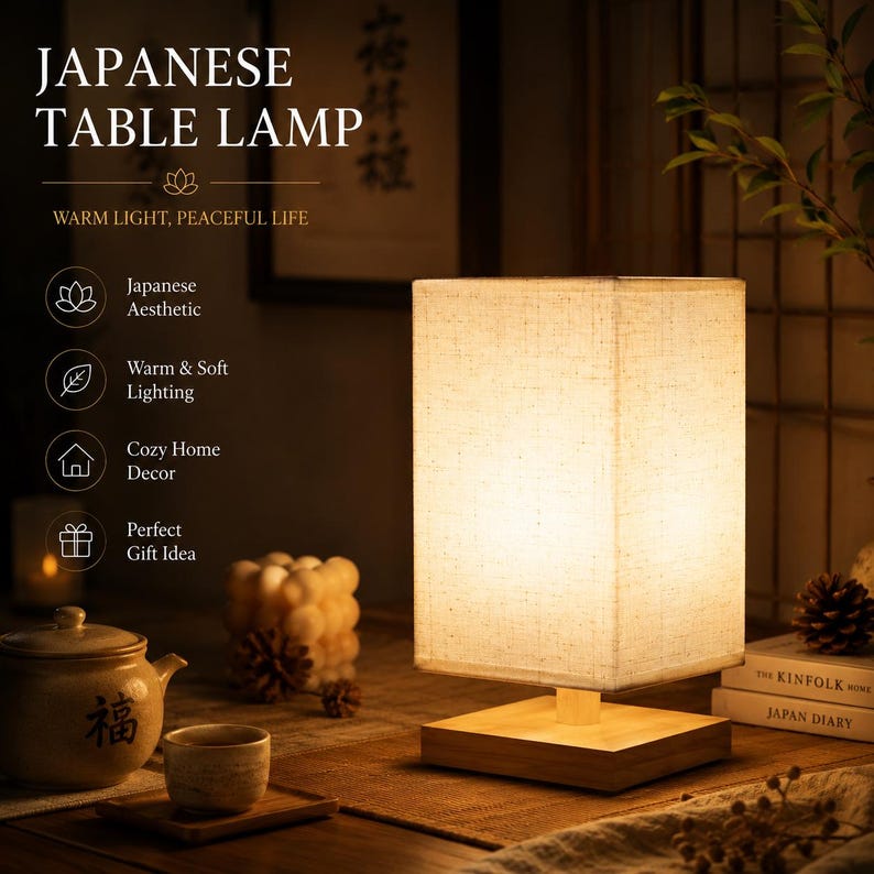 May include: A rectangular table lamp with a textured off-white fabric shade and a light wood base. The lamp emits a warm, soft glow. Text on the image reads: JAPANESE TABLE LAMP, WARM LIGHT, PEACEFUL LIFE, Japanese Aesthetic, Warm & Soft Lighting, Cozy Home Decor, Perfect Gift Idea.