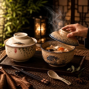 Peut inclure: Deux bols en céramique avec couvercles, ornés d'un émail beige moucheté et de motifs peints en bleu représentant des poissons et des vagues. Un bol est ouvert, révélant une soupe fumante avec des carottes et des champignons. Cuillère et baguettes.