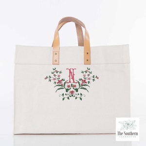 Custom Luxury Tote with Leather Handles - Brass Rivets & Feet - 100% Cotton Heavy Duty Unbleached Canvas - Victorian Floral Monogram