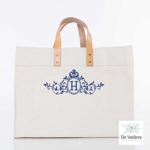 Custom Luxury Tote with Leather Handles - Brass Rivets & Feet - 100% Cotton Heavy Duty Unbleached Canvas - Filigree Framed Monogram