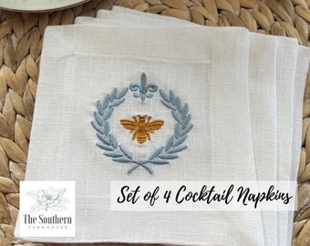 100% Linen Embroidered Cocktail Napkins - French Bee - Hand Tailored Napkins - Hostess Gift - Heirloom Table Linens