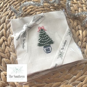 100% Linen Embroidered Holiday Cocktail Napkins - Chinoiserie Christmas Tree - Hand Tailored Napkins - Hostess Gift - Heirloom Table Linens