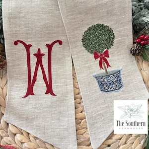 100% Linen Monogrammed Wreath Sash, Basket Sash - Chinoiserie Christmas Topiary Tree - Christmas Wreath Sash - Holiday Wreath Sash