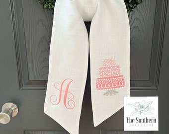 100% Linen Monogrammed Wreath Sash, Basket Sash - Let's Eat Cake Monogram - Hand Tailored Linen Birthday/Wedding Decor