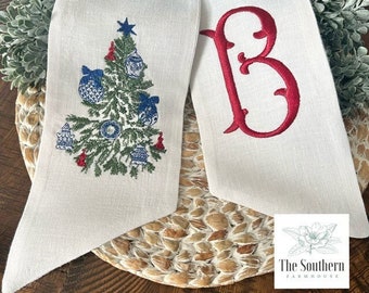 100% Linen Monogrammed Wreath Sash, Basket Sash - Chinoiserie Ornaments Christmas Tree - Christmas Wreath Sash - Holiday Wreath Sash
