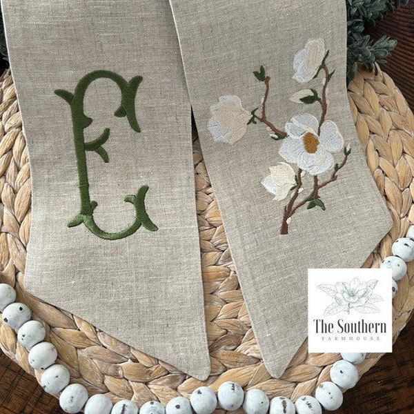 100% Linen Monogrammed Wreath Sash, Basket Sash - Magnolia Branch Monogram - Magnolia Wreath Sash - Wedding Sash - Hand Tailored Linen Decor