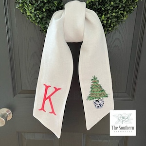 100% Linen Monogrammed Wreath Sash, Basket Sash - Chinoiserie Christmas Tree - Christmas Wreath Sash - Hand Tailored Linen Decoration
