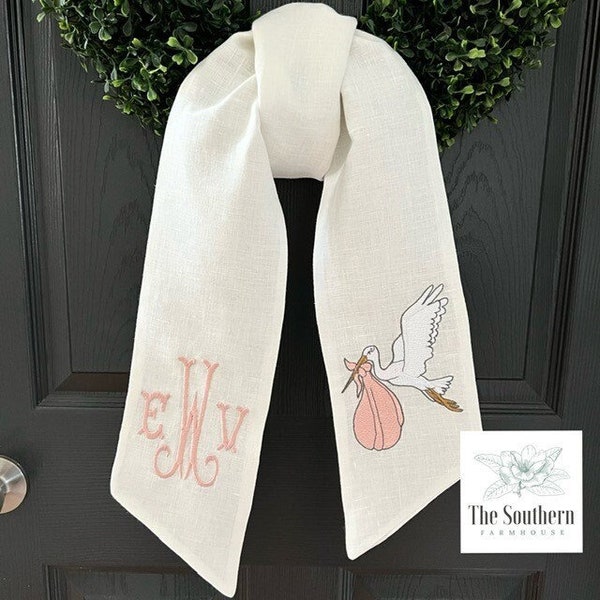 100% Linen Monogrammed Wreath Sash, Basket Sash - Special Delivery Stork - New Baby - Nursery - Baby Shower - Gender Reveal Decoration